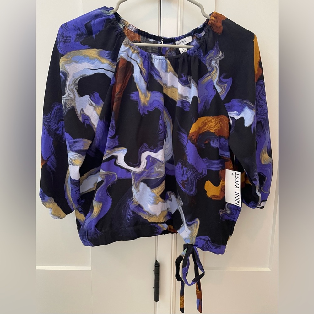 New NWT Nine West Cinched Waist Top blue multi marble small 3/4 sleeve blouse